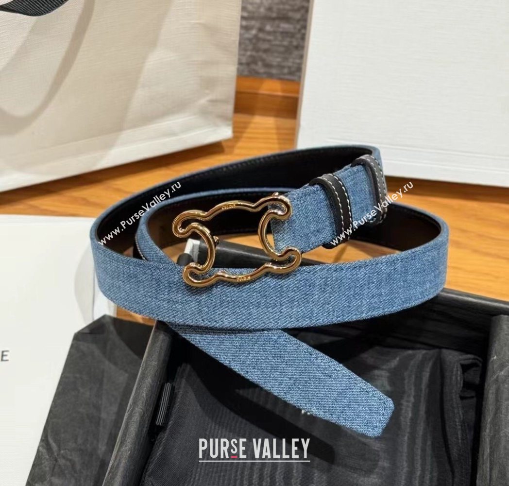 Celine Denim and Leather Belt 2.5cm with Cutout Triomphe Buckle Blue/Black/Gold 2025 CE091101 (99-250911107)