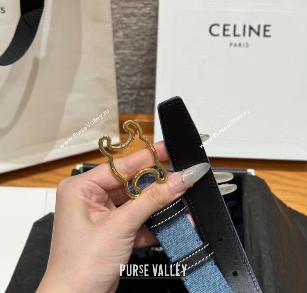 Celine Denim and Leather Belt 2.5cm with Cutout Triomphe Buckle Blue/Black/Gold 2025 CE091101 (99-250911107)