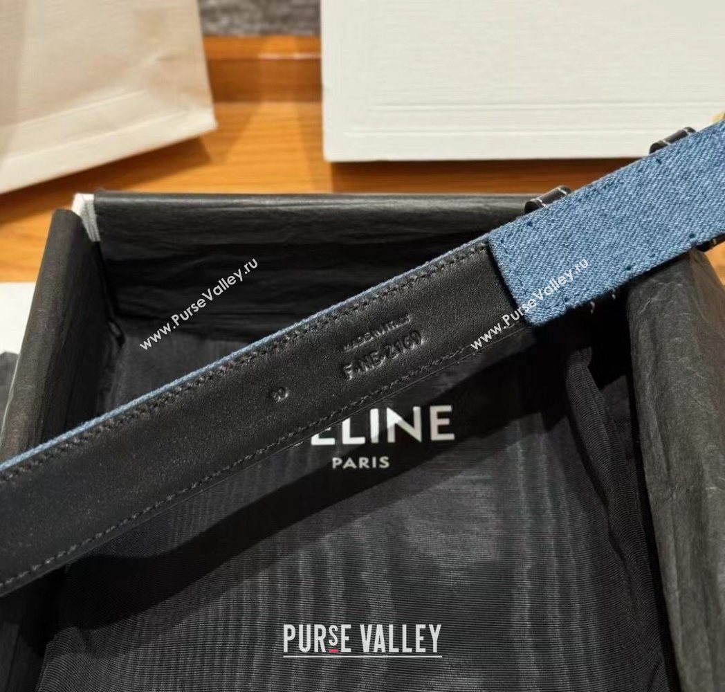 Celine Denim and Leather Belt 2.5cm with Cutout Triomphe Buckle Blue/Black/Gold 2025 CE091101 (99-250911107)
