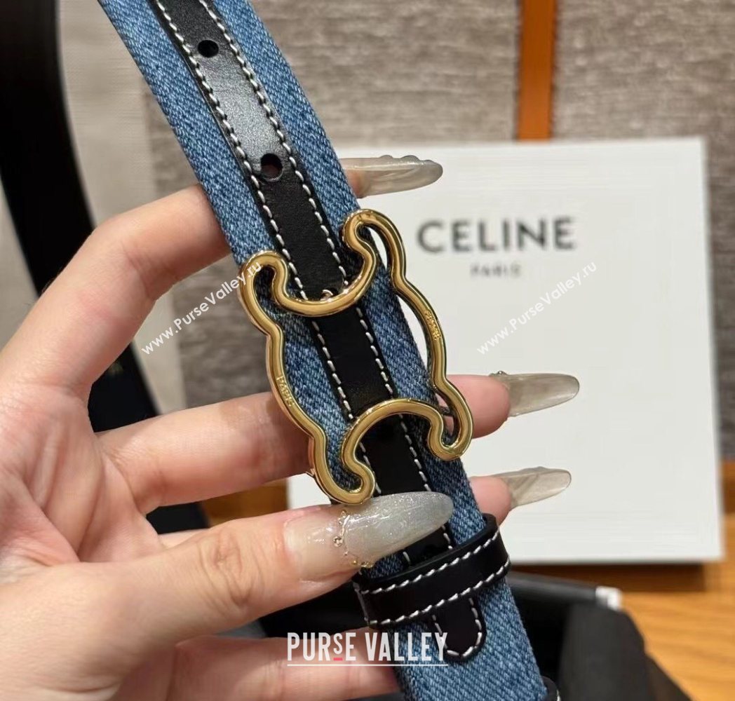 Celine Denim and Leather Belt 2.5cm with Cutout Triomphe Buckle Blue/Black/Gold 2025 CE091101 (99-250911107)