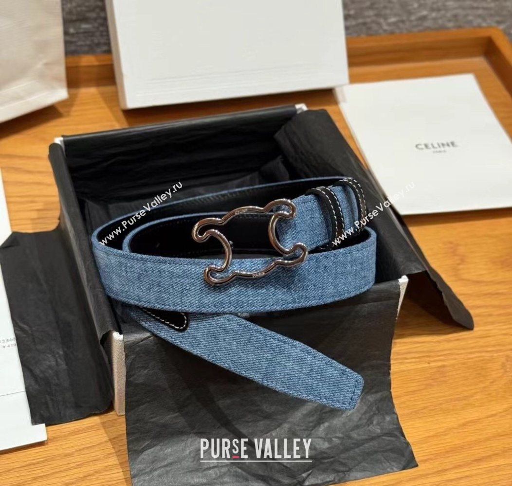 Celine Denim and Leather Belt 2.5cm with Cutout Triomphe Buckle Blue/Black/Silver 2025 CE091101 (99-250911108)