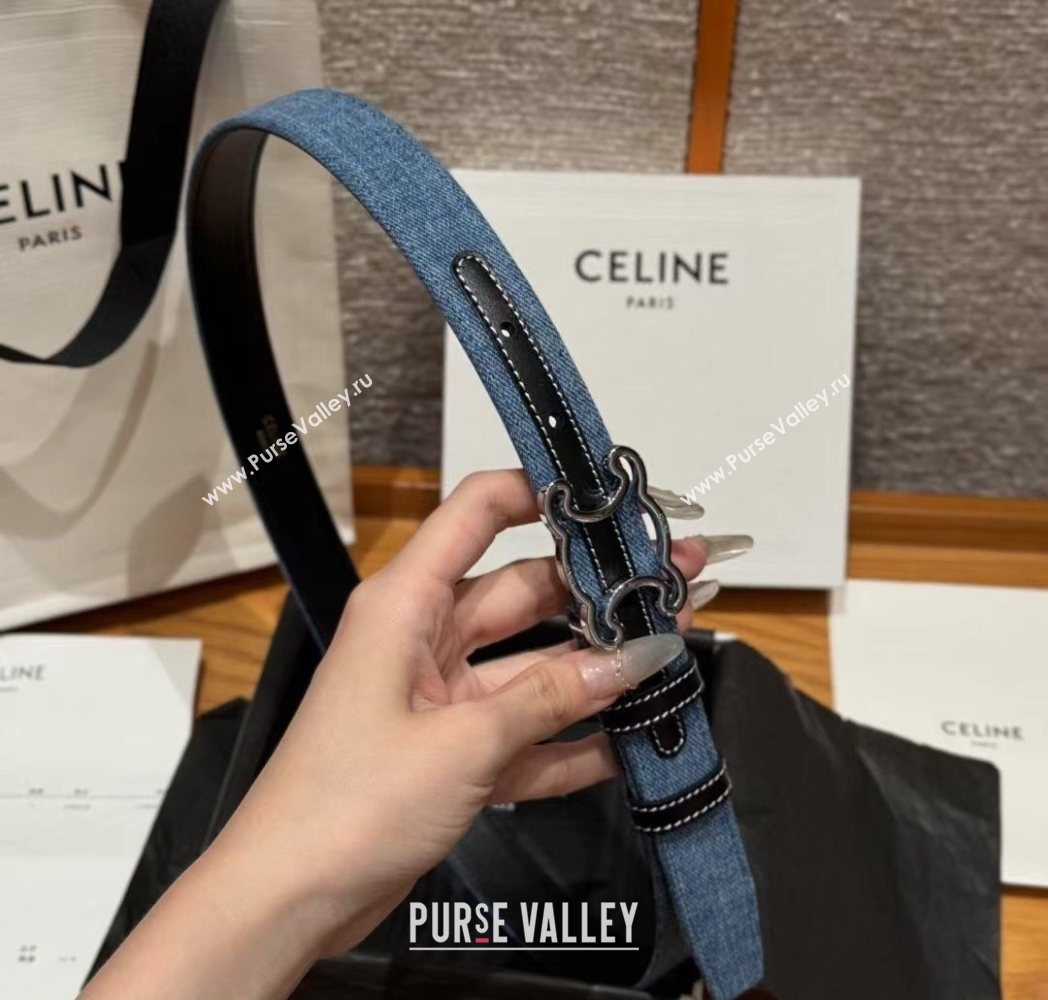 Celine Denim and Leather Belt 2.5cm with Cutout Triomphe Buckle Blue/Black/Silver 2025 CE091101 (99-250911108)