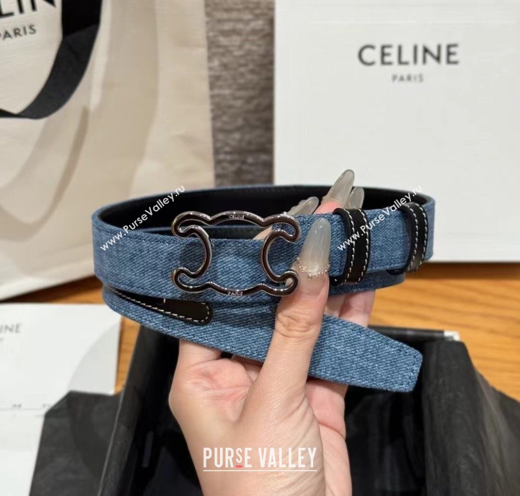 Celine Denim and Leather Belt 2.5cm with Cutout Triomphe Buckle Blue/Black/Silver 2025 CE091101 (99-250911108)