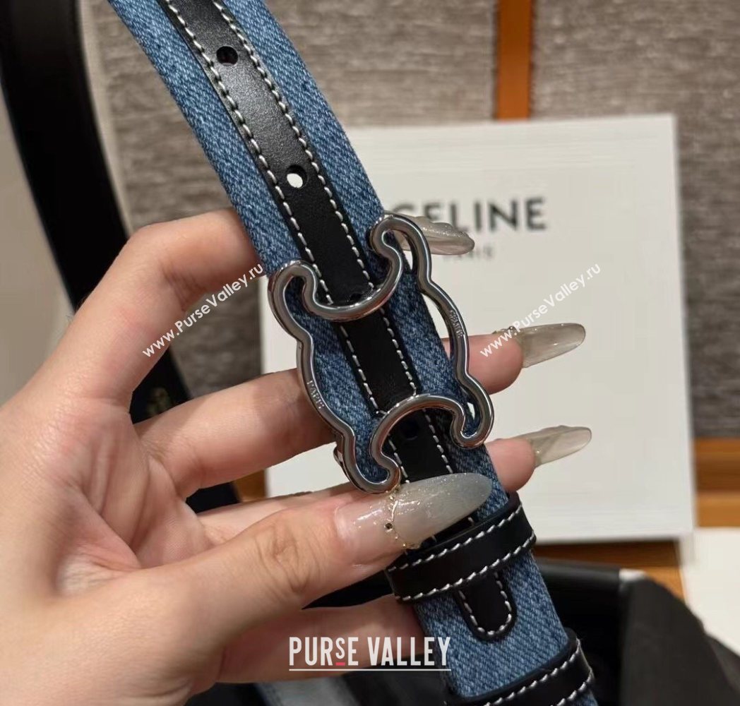 Celine Denim and Leather Belt 2.5cm with Cutout Triomphe Buckle Blue/Black/Silver 2025 CE091101 (99-250911108)