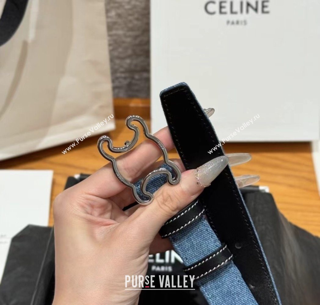Celine Denim and Leather Belt 2.5cm with Cutout Triomphe Buckle Blue/Black/Silver 2025 CE091101 (99-250911108)