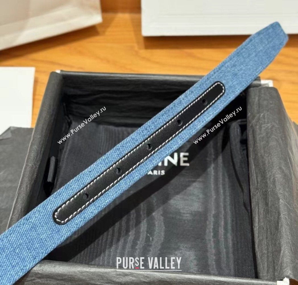 Celine Denim and Leather Belt 2.5cm with Cutout Triomphe Buckle Blue/Black/Silver 2025 CE091101 (99-250911108)