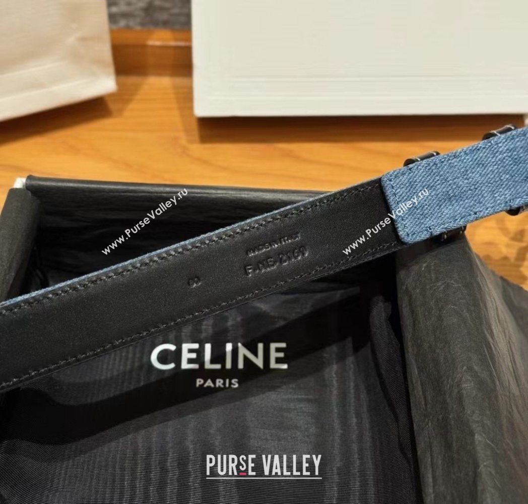 Celine Denim and Leather Belt 2.5cm with Cutout Triomphe Buckle Blue/Black/Silver 2025 CE091101 (99-250911108)