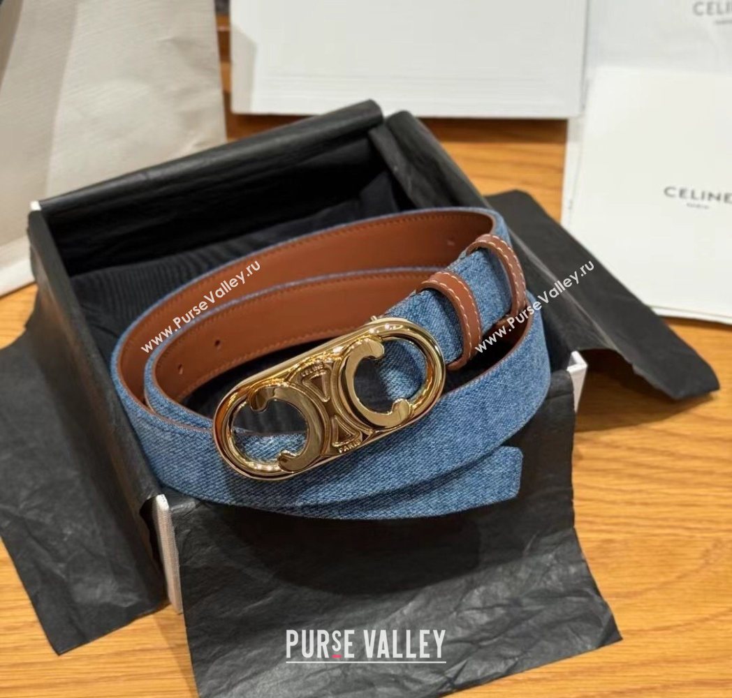 Celine Denim and Leather Belt 2.5cm with Circle Triomphe Buckle Blue/Brown/Gold 2025 CE091102 (99-250911109)