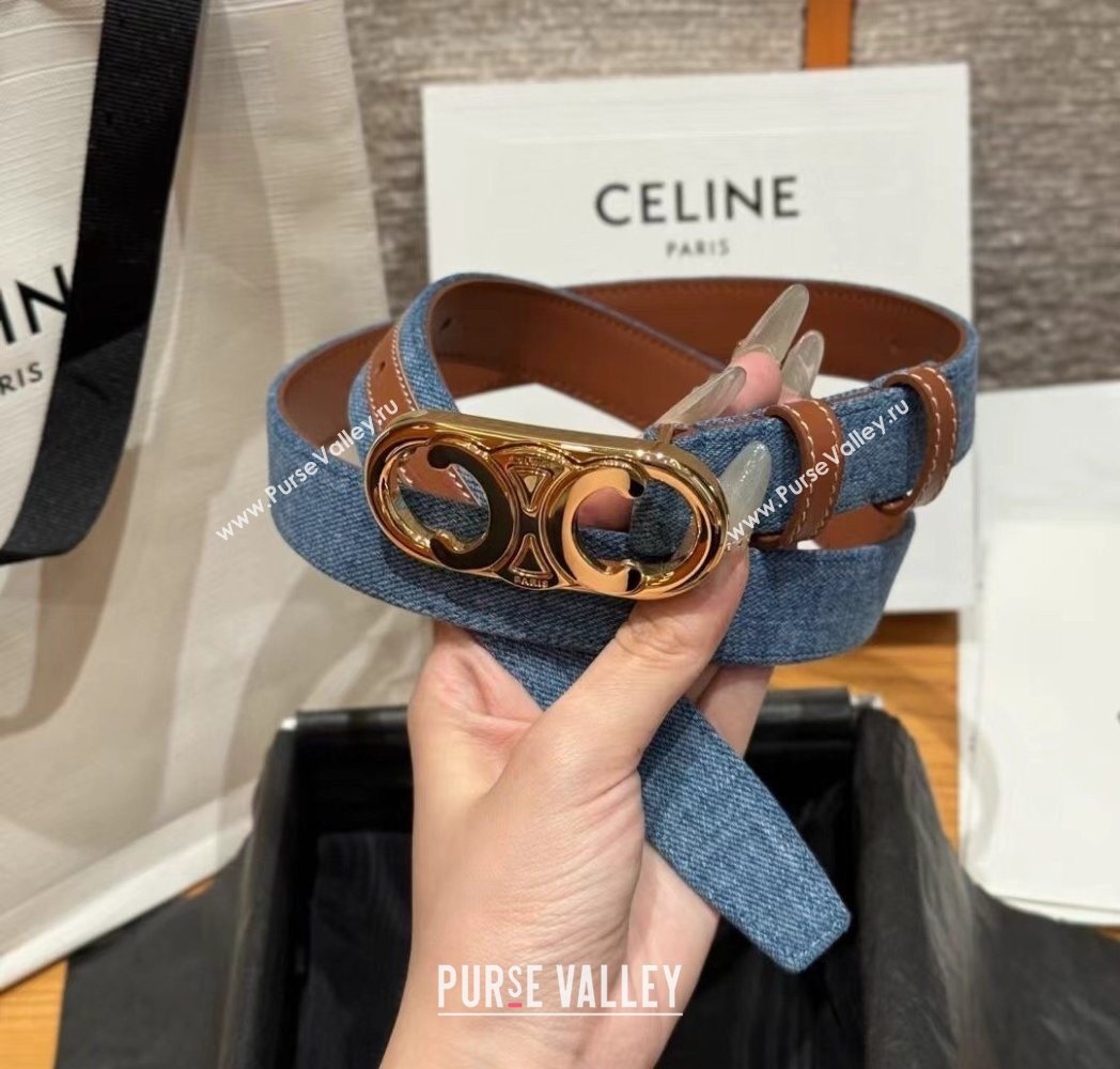 Celine Denim and Leather Belt 2.5cm with Circle Triomphe Buckle Blue/Brown/Gold 2025 CE091102 (99-250911109)
