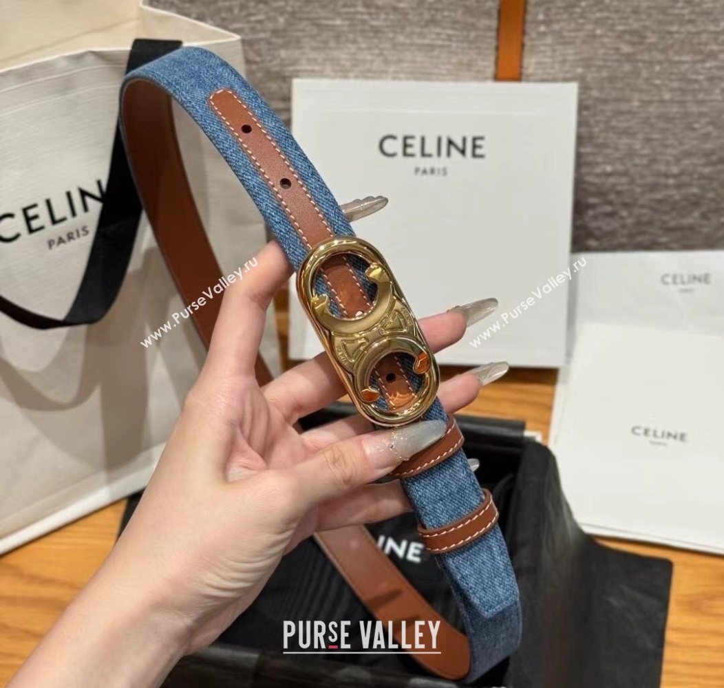 Celine Denim and Leather Belt 2.5cm with Circle Triomphe Buckle Blue/Brown/Gold 2025 CE091102 (99-250911109)
