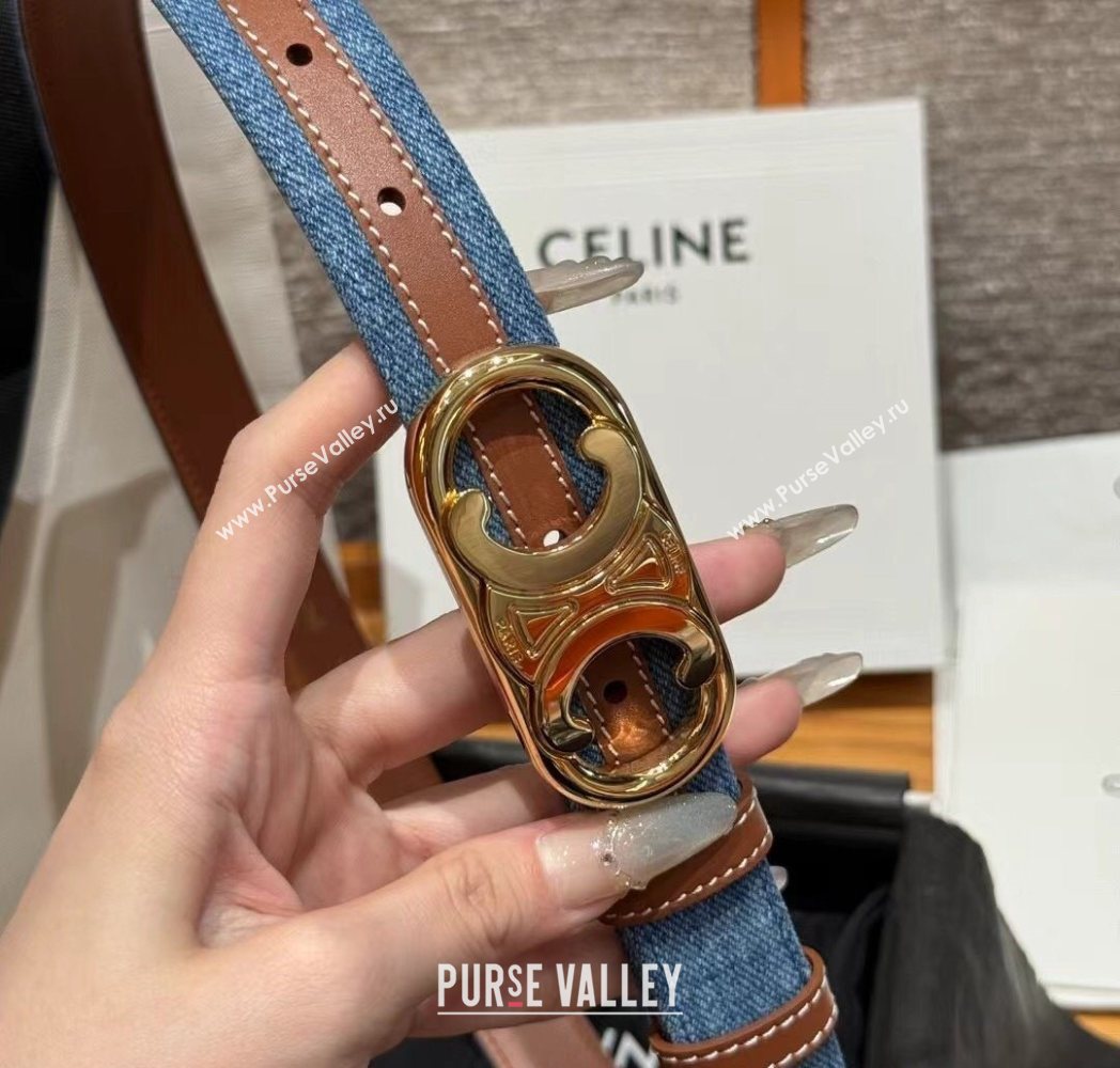 Celine Denim and Leather Belt 2.5cm with Circle Triomphe Buckle Blue/Brown/Gold 2025 CE091102 (99-250911109)