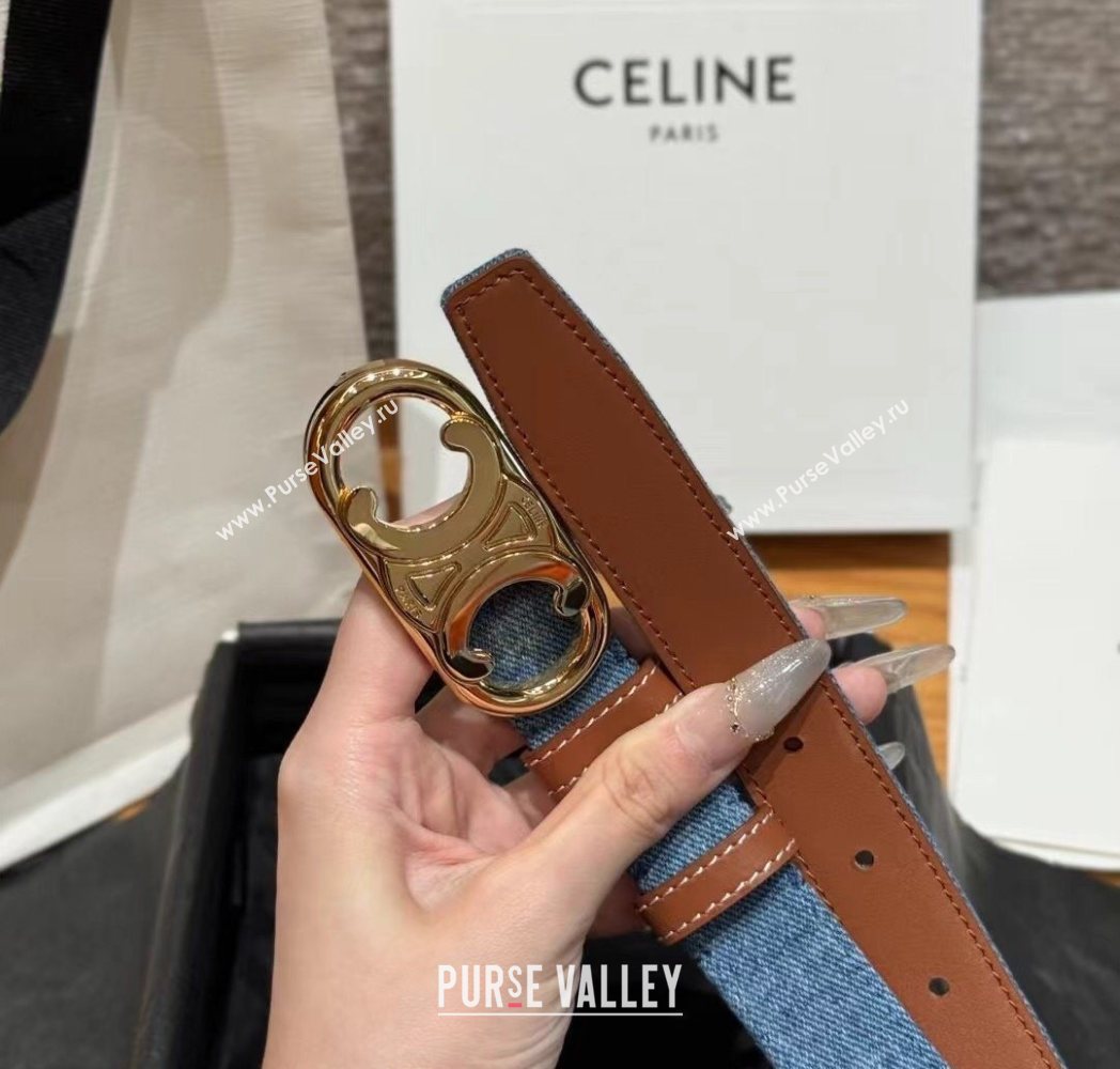 Celine Denim and Leather Belt 2.5cm with Circle Triomphe Buckle Blue/Brown/Gold 2025 CE091102 (99-250911109)