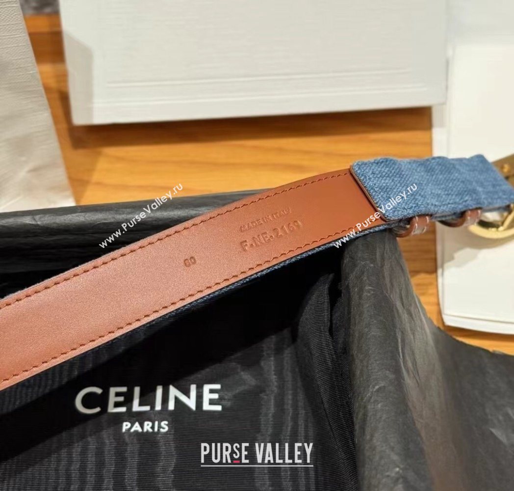 Celine Denim and Leather Belt 2.5cm with Circle Triomphe Buckle Blue/Brown/Gold 2025 CE091102 (99-250911109)