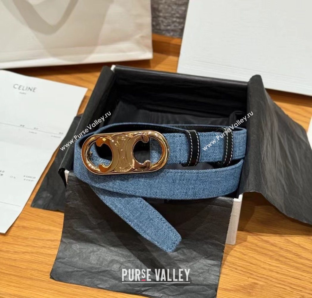Celine Denim and Leather Belt 2.5cm with Circle Triomphe Buckle Blue/Black/Gold 2025 CE091101 (99-250911110)