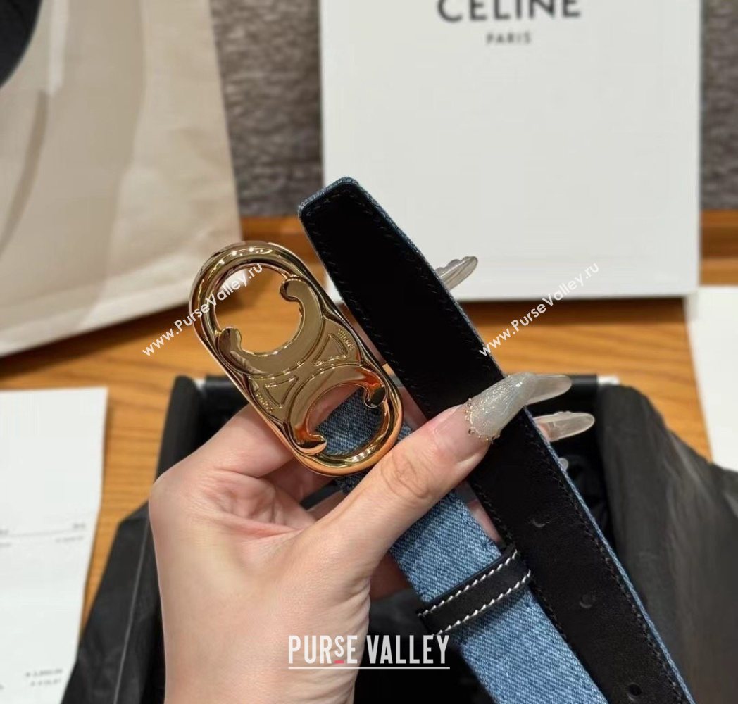 Celine Denim and Leather Belt 2.5cm with Circle Triomphe Buckle Blue/Black/Gold 2025 CE091101 (99-250911110)