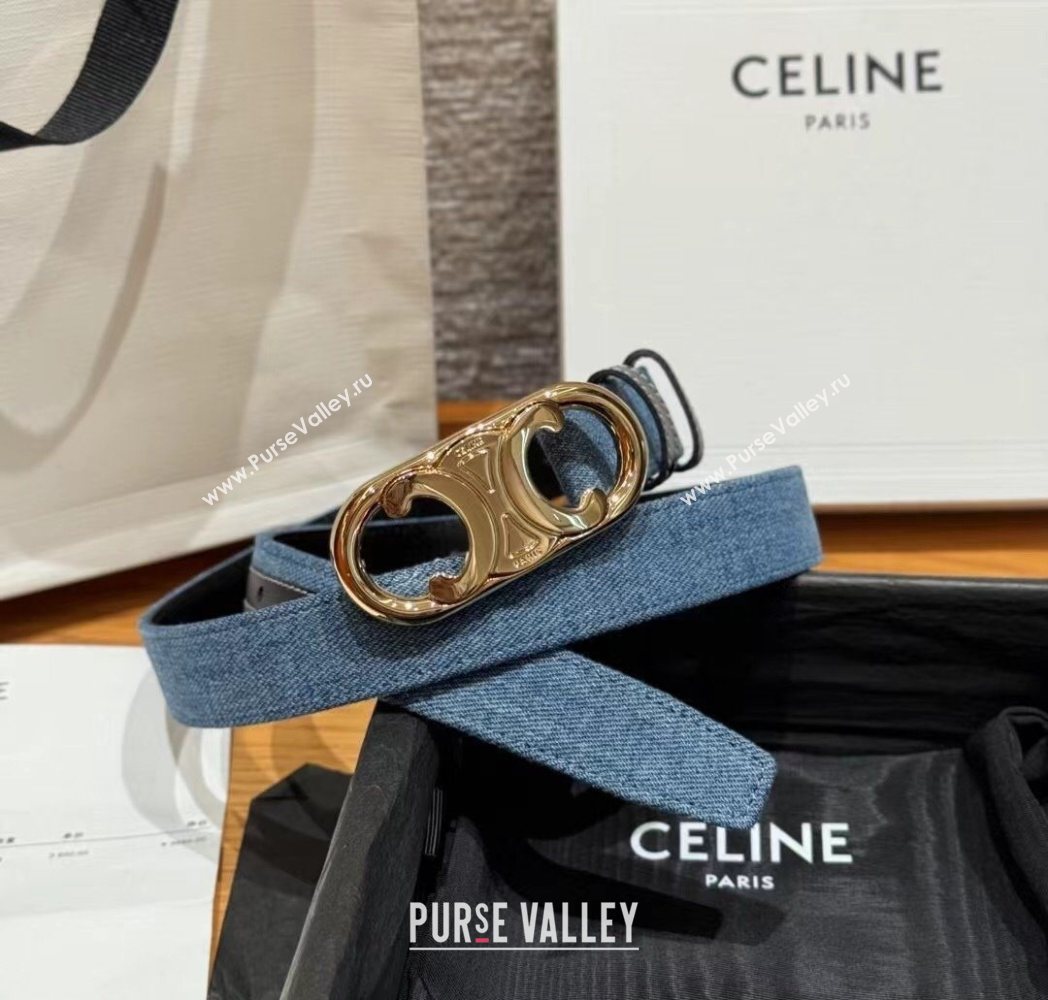 Celine Denim and Leather Belt 2.5cm with Circle Triomphe Buckle Blue/Black/Gold 2025 CE091101 (99-250911110)