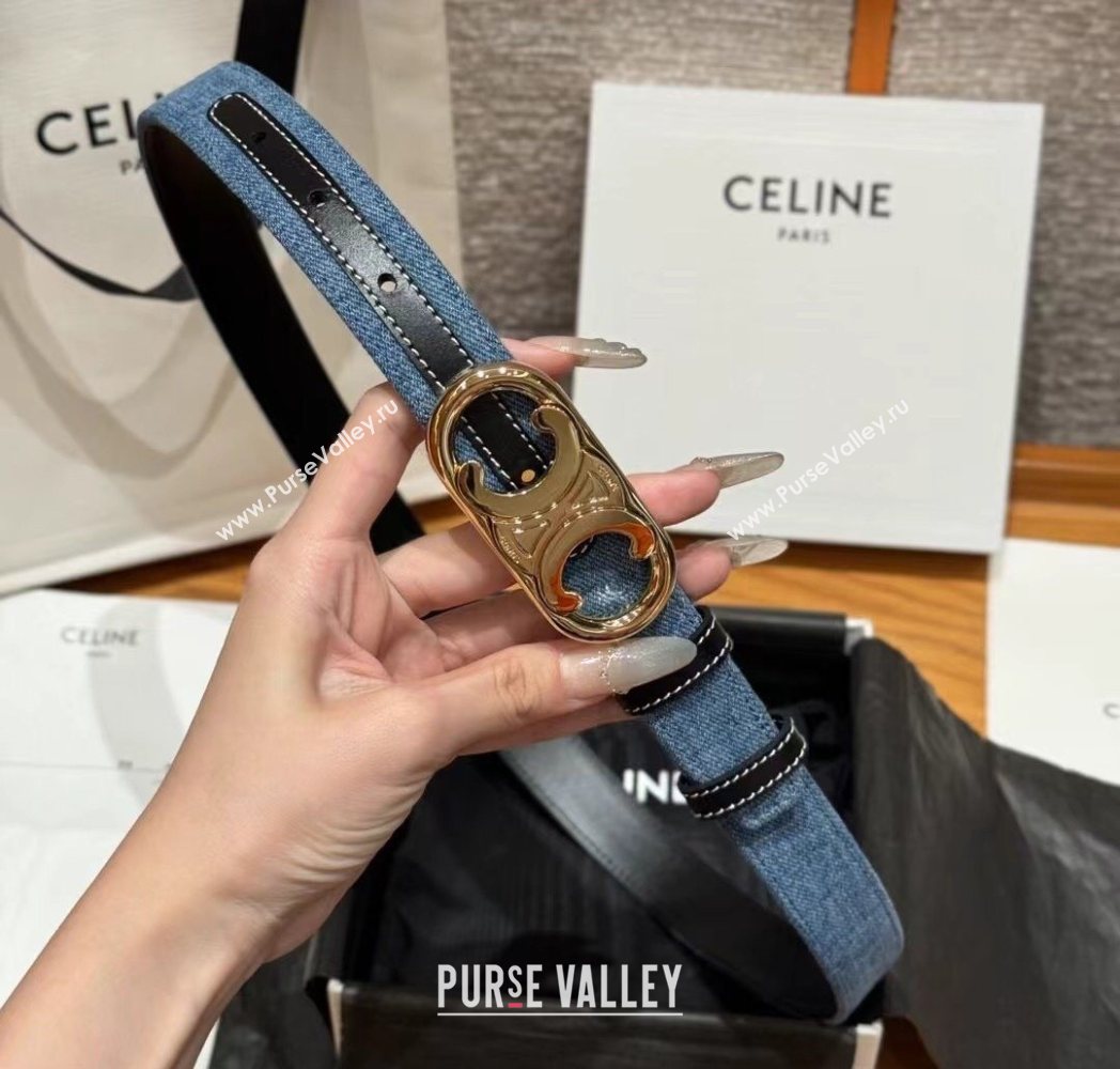 Celine Denim and Leather Belt 2.5cm with Circle Triomphe Buckle Blue/Black/Gold 2025 CE091101 (99-250911110)