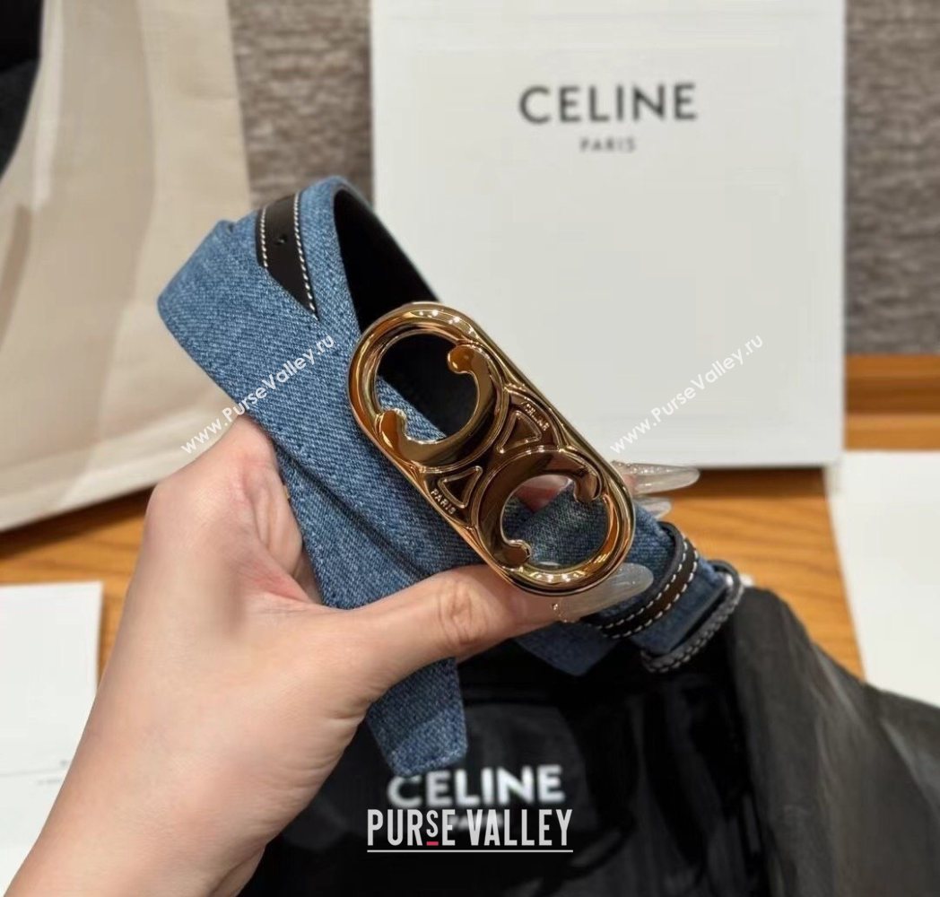Celine Denim and Leather Belt 2.5cm with Circle Triomphe Buckle Blue/Black/Gold 2025 CE091101 (99-250911110)