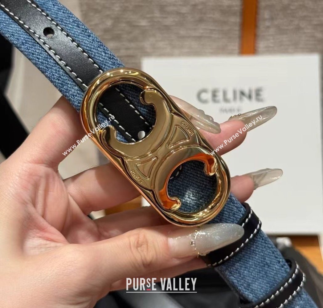 Celine Denim and Leather Belt 2.5cm with Circle Triomphe Buckle Blue/Black/Gold 2025 CE091101 (99-250911110)