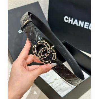 Chanel Quilted Lambskin Leather Belt 3cm with Chain CC Buckle Black/Gold 2025 CH091105 (99-250911128)