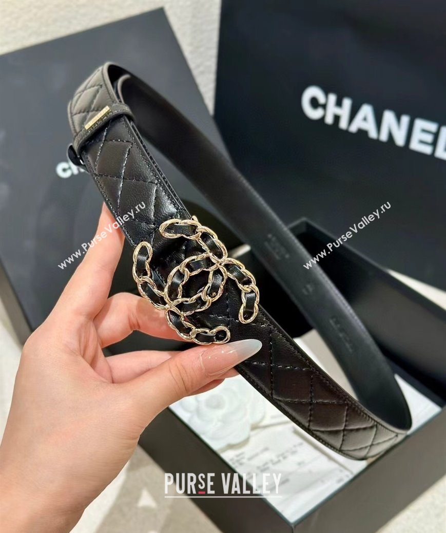 Chanel Quilted Lambskin Leather Belt 3cm with Chain CC Buckle Black/Gold 2025 CH091105 (99-250911128)