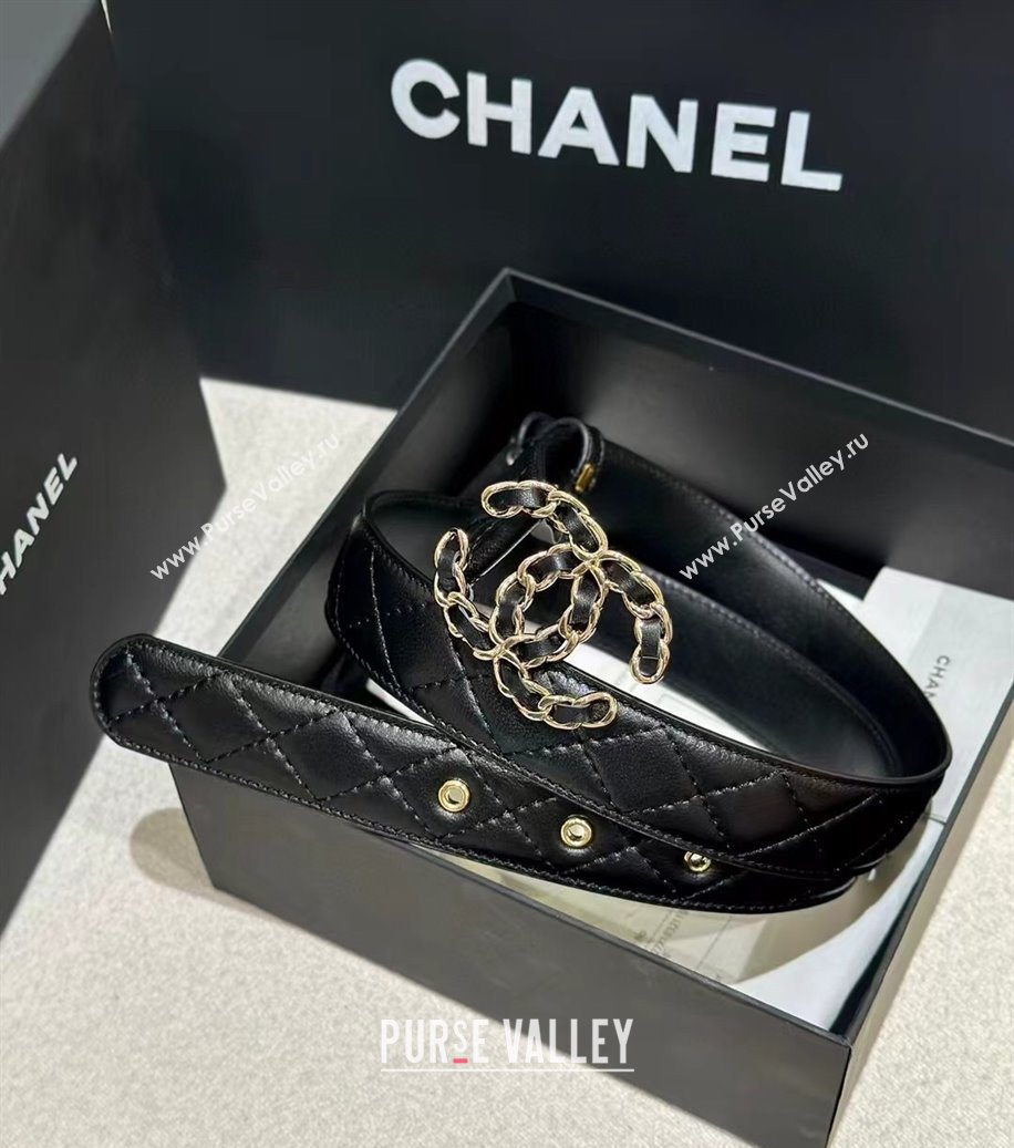 Chanel Quilted Lambskin Leather Belt 3cm with Chain CC Buckle Black/Gold 2025 CH091105 (99-250911128)