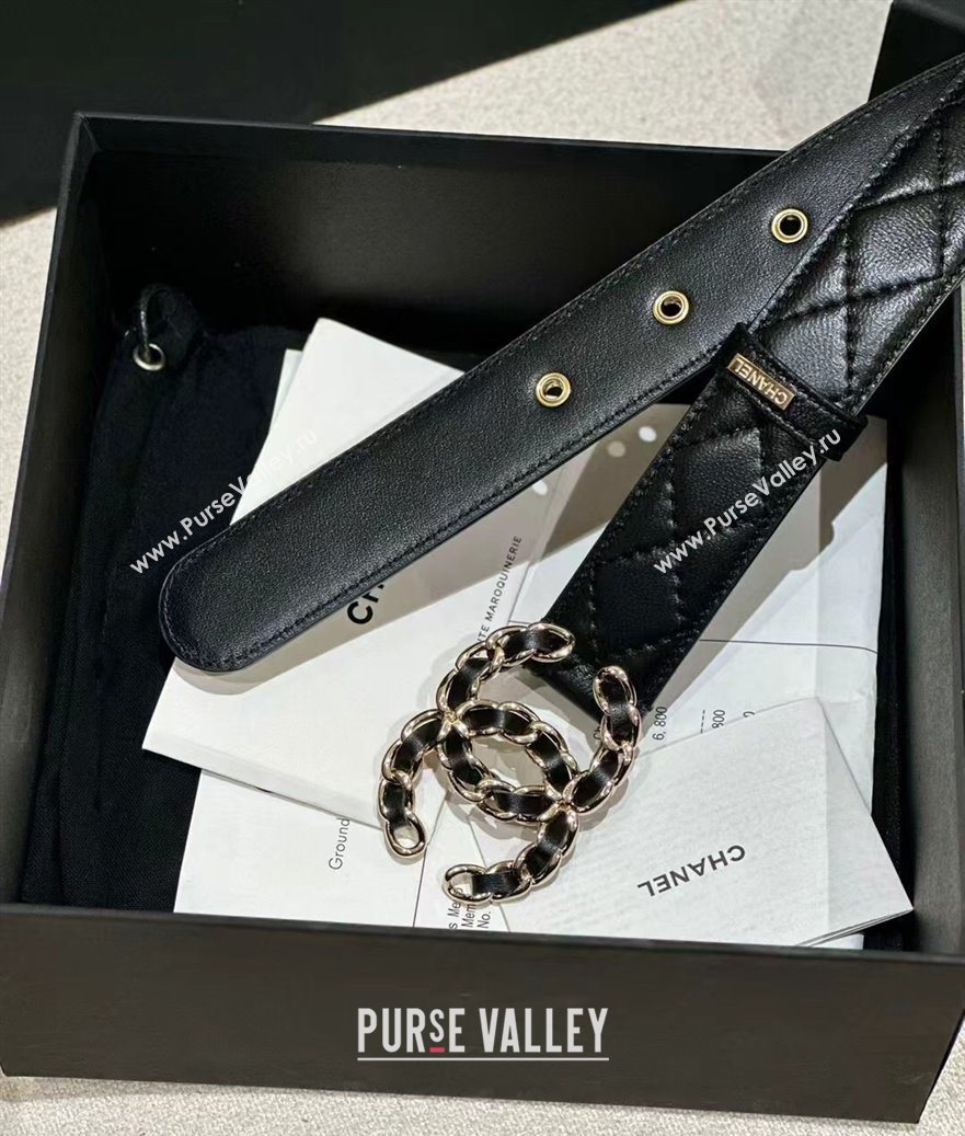 Chanel Quilted Lambskin Leather Belt 3cm with Chain CC Buckle Black/Gold 2025 CH091105 (99-250911128)