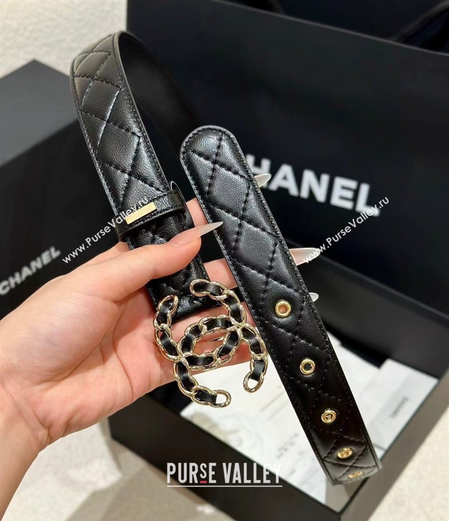 Chanel Quilted Lambskin Leather Belt 3cm with Chain CC Buckle Black/Gold 2025 CH091105 (99-250911128)