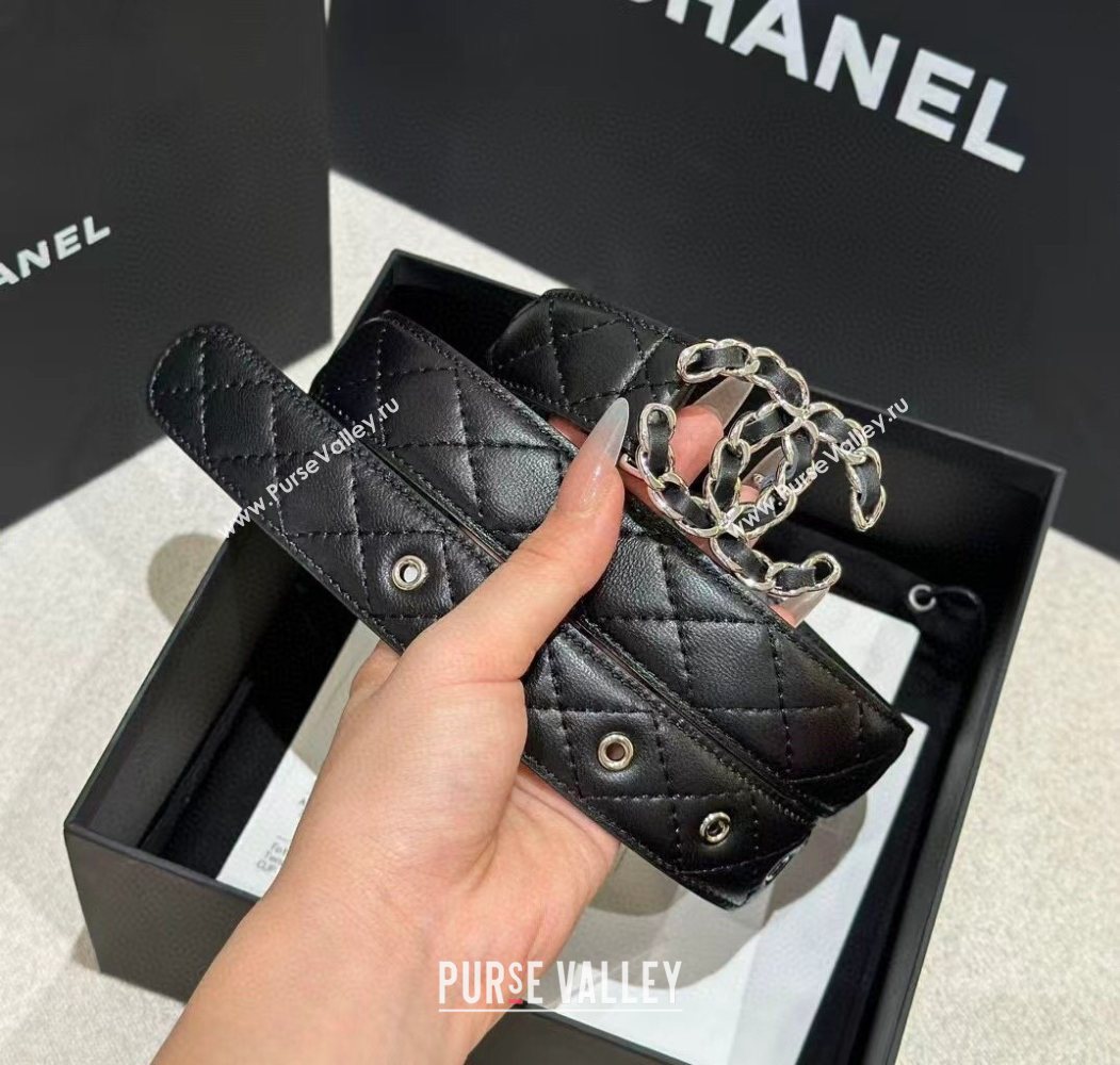 Chanel Quilted Lambskin Leather Belt 3cm with Chain CC Buckle Black/Silver 2025 CH091105 (99-250911129)