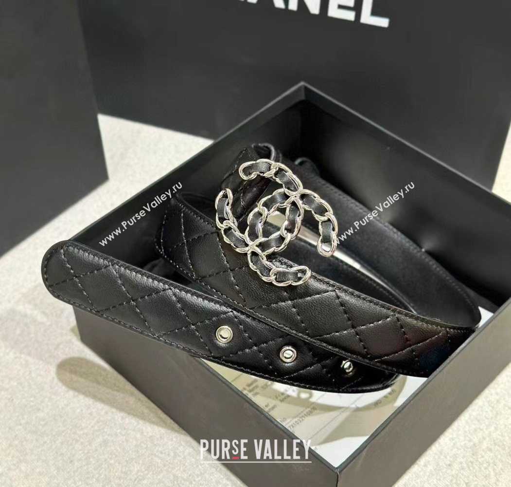 Chanel Quilted Lambskin Leather Belt 3cm with Chain CC Buckle Black/Silver 2025 CH091105 (99-250911129)