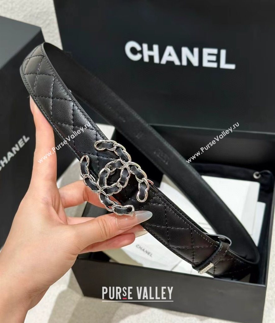 Chanel Quilted Lambskin Leather Belt 3cm with Chain CC Buckle Black/Silver 2025 CH091105 (99-250911129)
