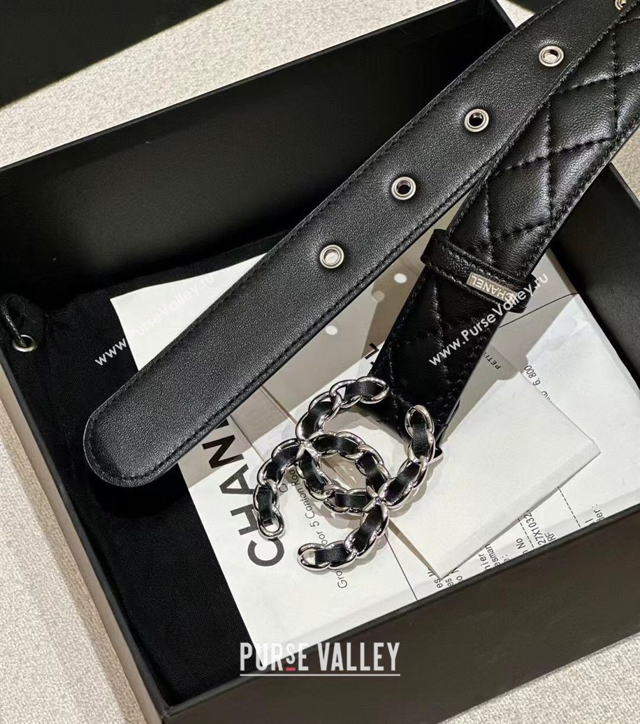 Chanel Quilted Lambskin Leather Belt 3cm with Chain CC Buckle Black/Silver 2025 CH091105 (99-250911129)