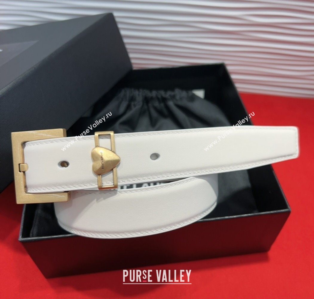 Saint Laurent Calfskin Leather Belt 3cm with Heart Charm White/Gold 2025 YSL091201 (99-250912016)