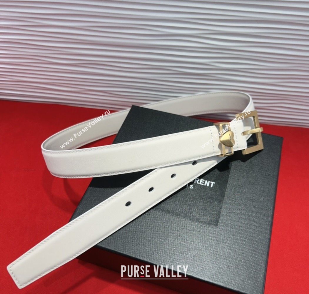 Saint Laurent Calfskin Leather Belt 3cm with Heart Charm White/Gold 2025 YSL091201 (99-250912016)