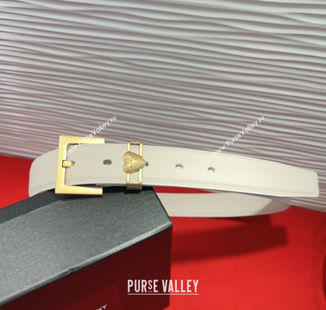 Saint Laurent Calfskin Leather Belt 3cm with Heart Charm White/Gold 2025 YSL091201 (99-250912016)