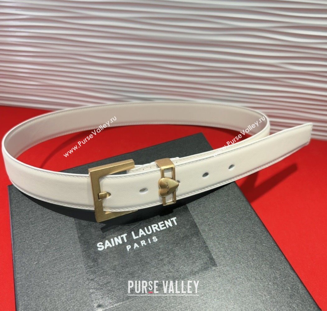 Saint Laurent Calfskin Leather Belt 3cm with Heart Charm White/Gold 2025 YSL091201 (99-250912016)