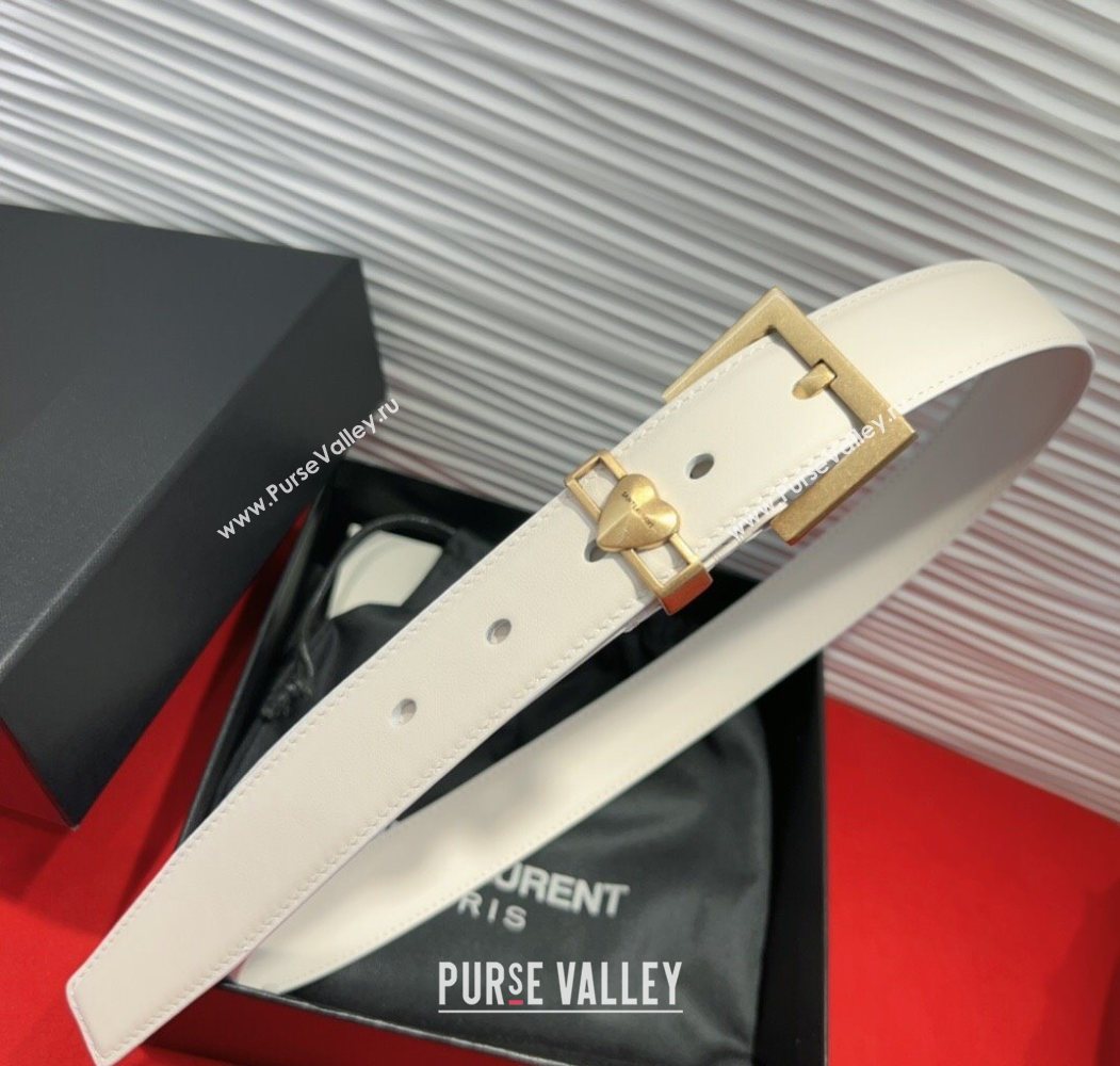 Saint Laurent Calfskin Leather Belt 3cm with Heart Charm White/Gold 2025 YSL091201 (99-250912016)