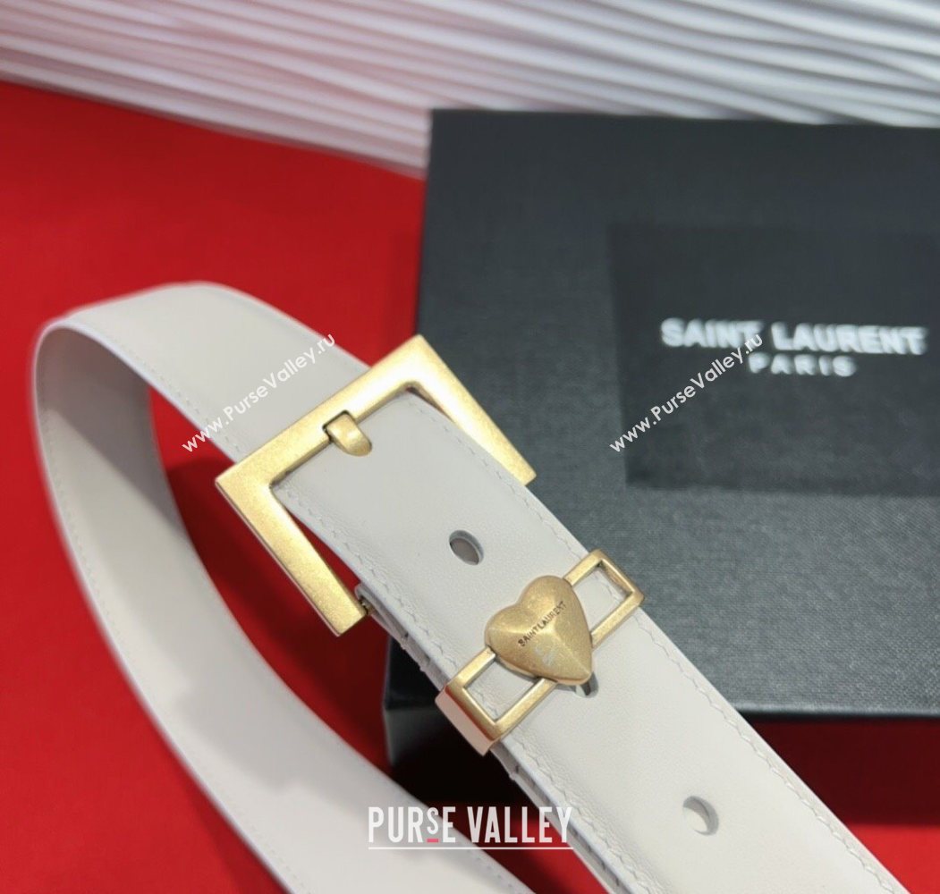 Saint Laurent Calfskin Leather Belt 3cm with Heart Charm White/Gold 2025 YSL091201 (99-250912016)