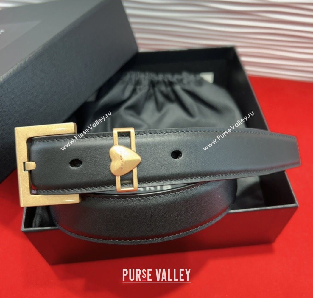 Saint Laurent Calfskin Leather Belt 3cm with Heart Charm Black/Gold 2025 YSL091201 (99-250912017)