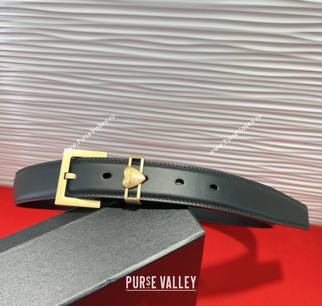 Saint Laurent Calfskin Leather Belt 3cm with Heart Charm Black/Gold 2025 YSL091201 (99-250912017)