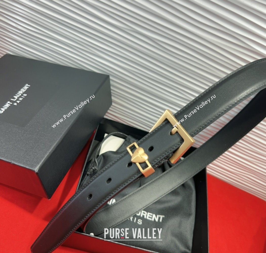 Saint Laurent Calfskin Leather Belt 3cm with Heart Charm Black/Gold 2025 YSL091201 (99-250912017)