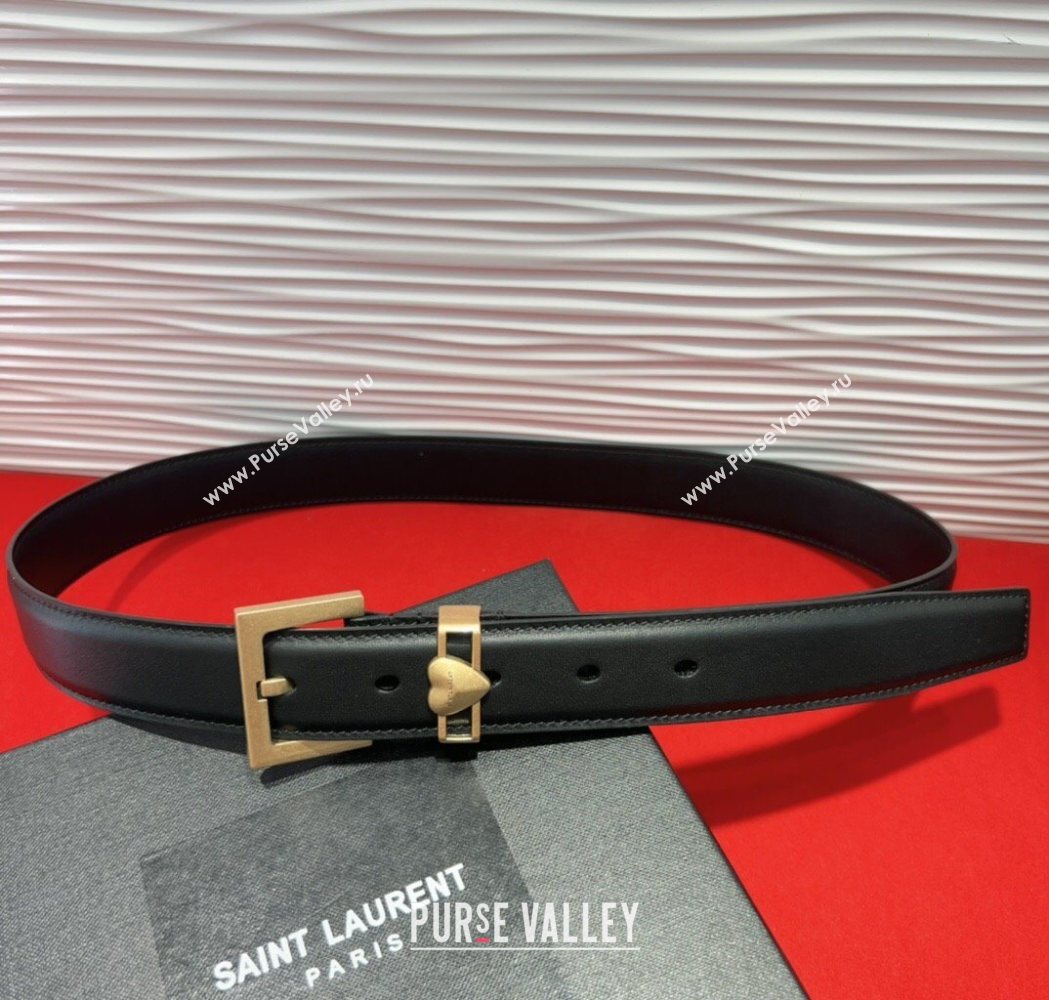 Saint Laurent Calfskin Leather Belt 3cm with Heart Charm Black/Gold 2025 YSL091201 (99-250912017)