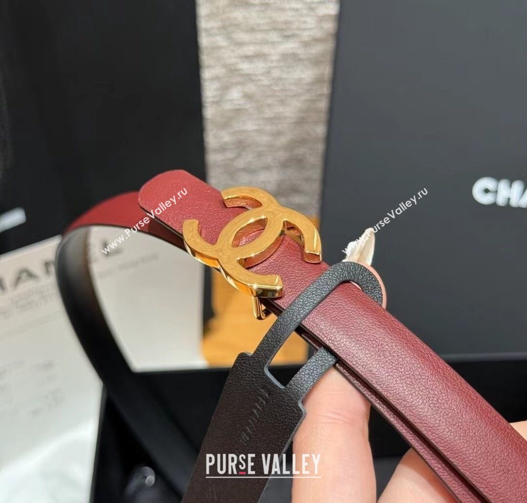Chanel Reversible Calfskin Leather Belt 1.5cm with CC Buckle Burgundy/Gold 2025 CH091106 (99-250911136)