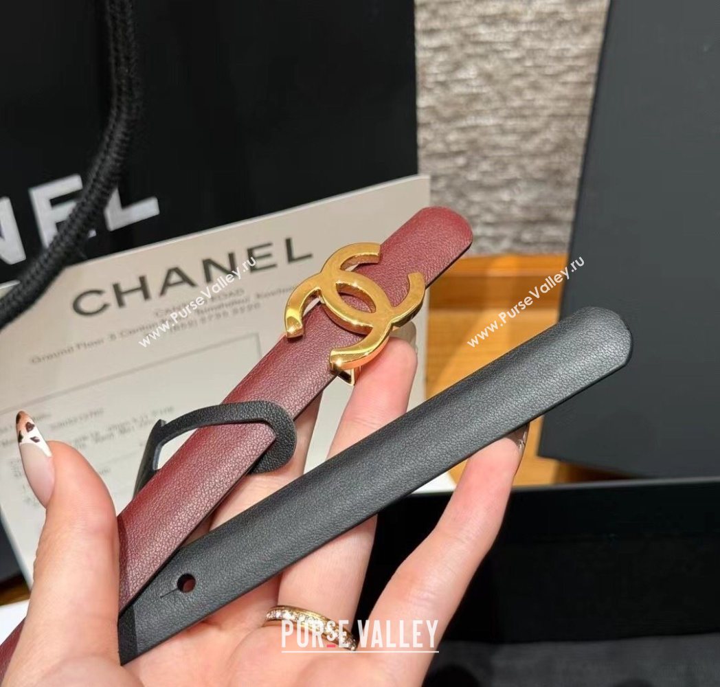 Chanel Reversible Calfskin Leather Belt 1.5cm with CC Buckle Burgundy/Gold 2025 CH091106 (99-250911136)