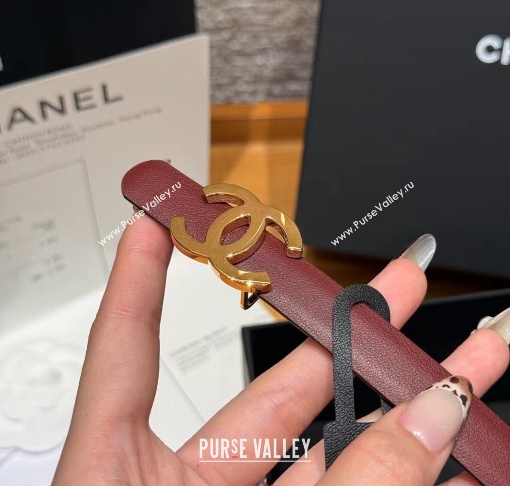 Chanel Reversible Calfskin Leather Belt 1.5cm with CC Buckle Burgundy/Gold 2025 CH091106 (99-250911136)
