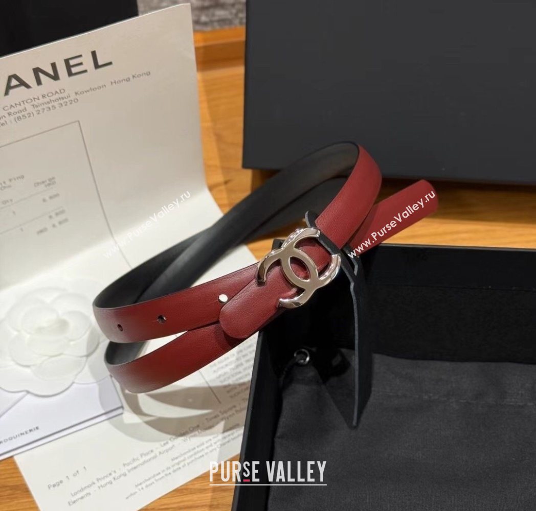 Chanel Reversible Calfskin Leather Belt 1.5cm with CC Buckle Burgundy/Silver 2025 CH091106 (99-250911137)