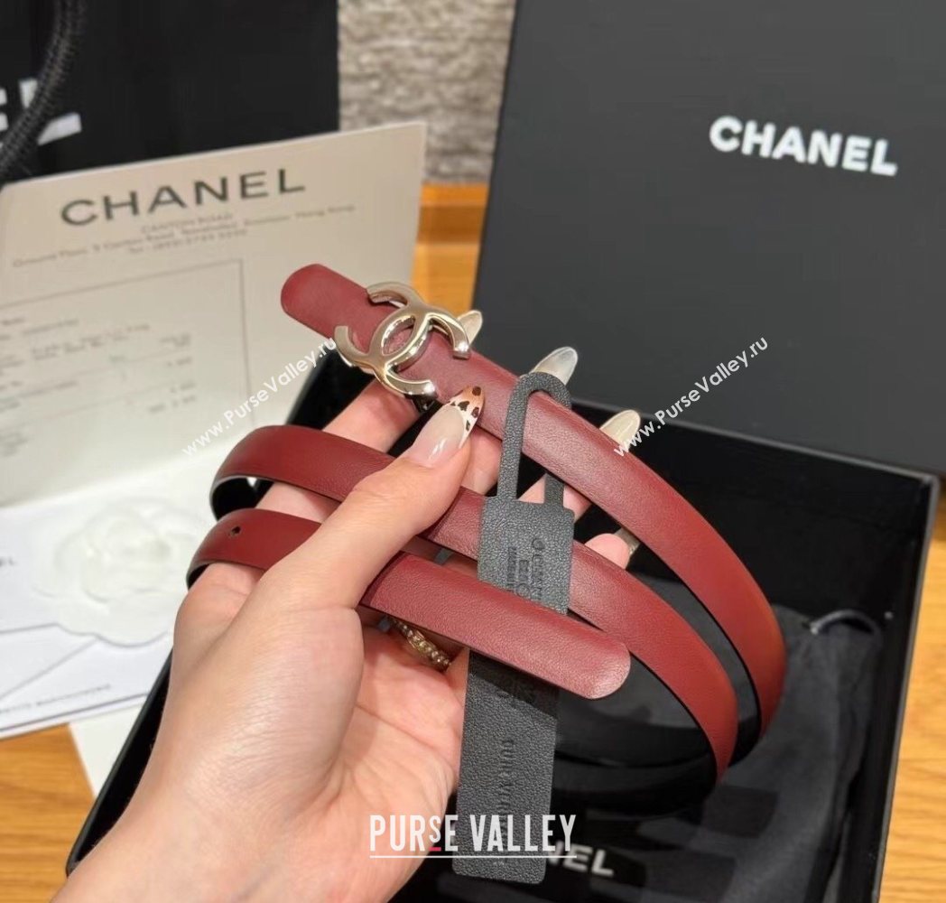 Chanel Reversible Calfskin Leather Belt 1.5cm with CC Buckle Burgundy/Silver 2025 CH091106 (99-250911137)