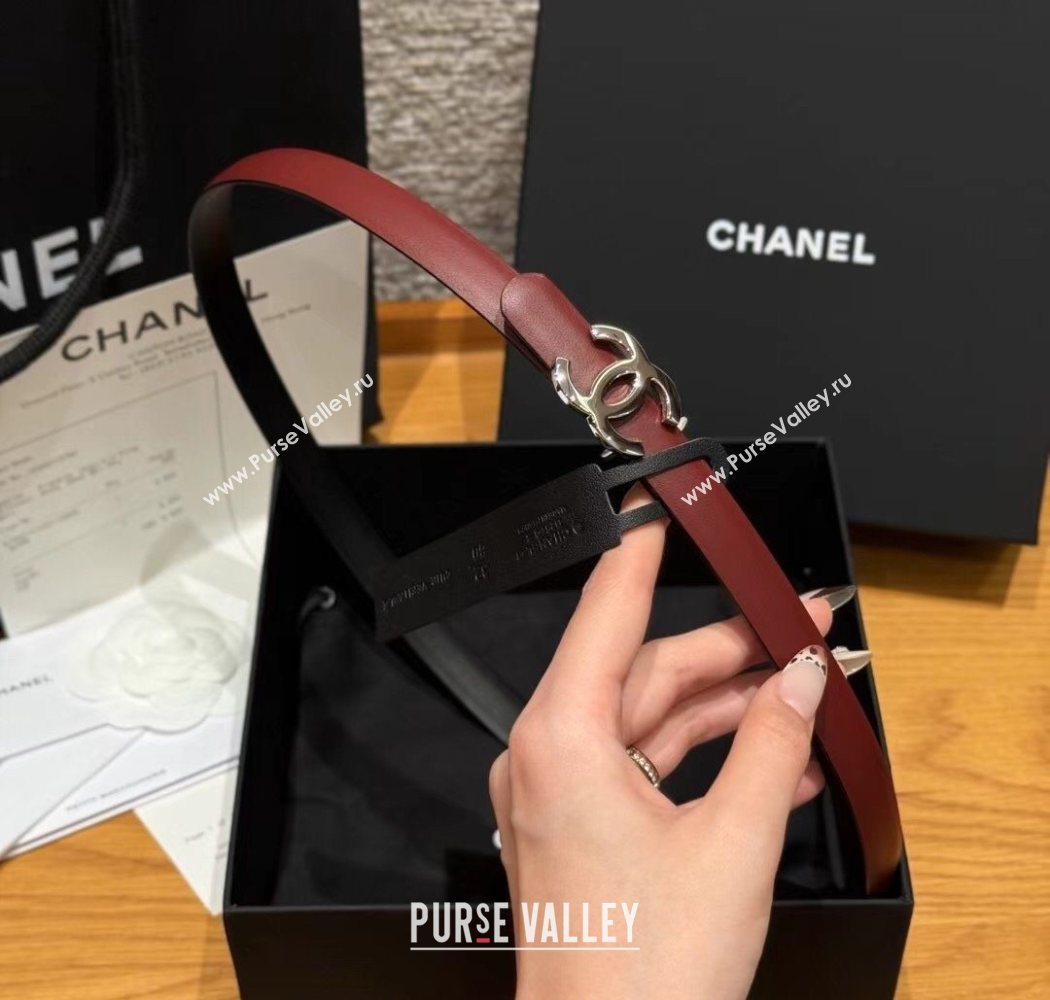 Chanel Reversible Calfskin Leather Belt 1.5cm with CC Buckle Burgundy/Silver 2025 CH091106 (99-250911137)