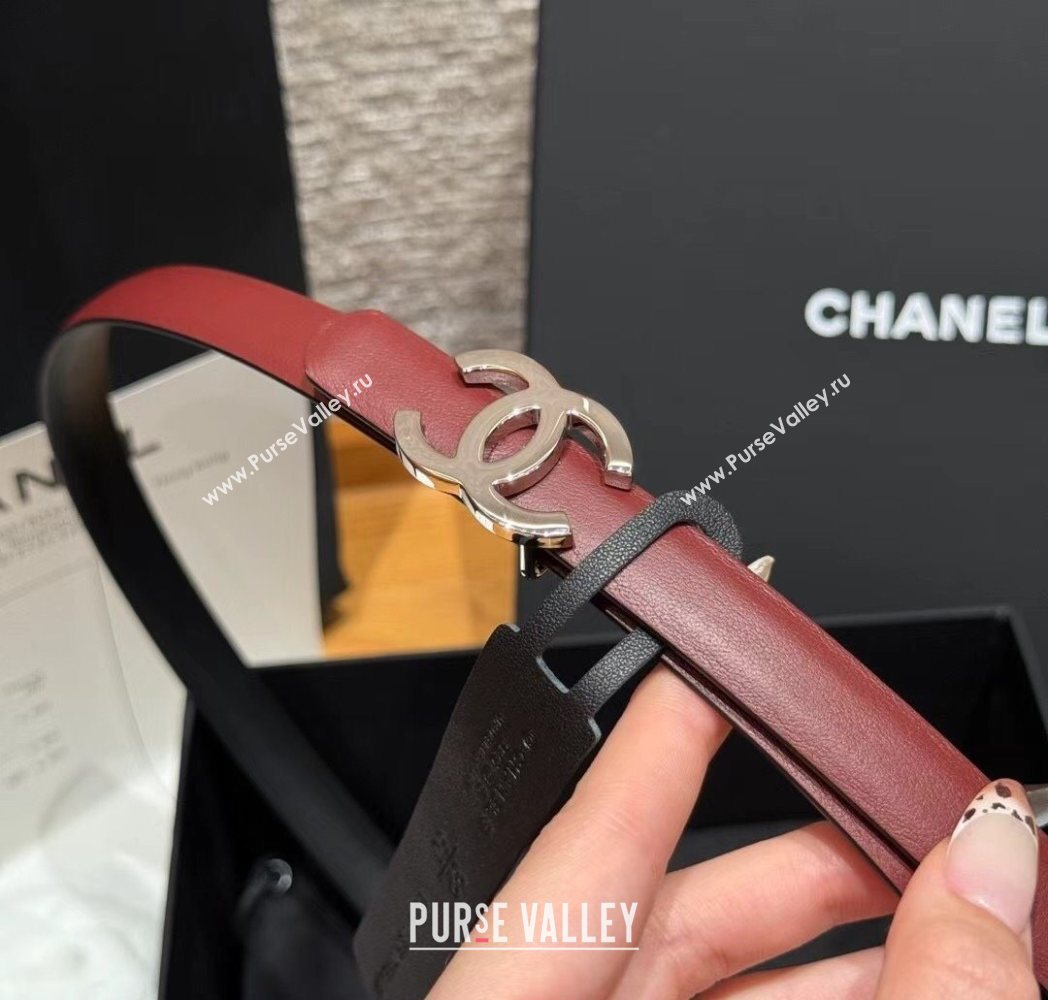 Chanel Reversible Calfskin Leather Belt 1.5cm with CC Buckle Burgundy/Silver 2025 CH091106 (99-250911137)
