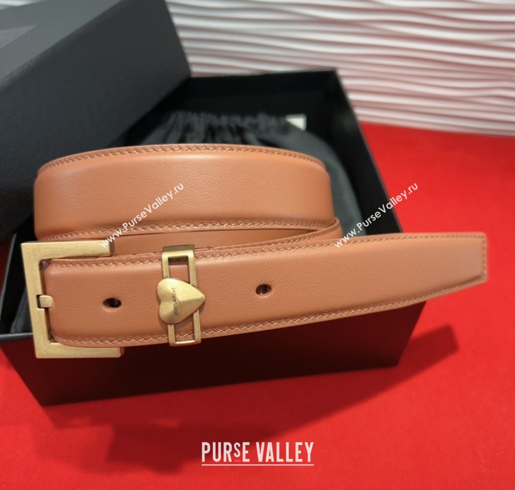 Saint Laurent Calfskin Leather Belt 3cm with Heart Charm Tan Brown/Gold 2025 YSL091201 (99-250912018)